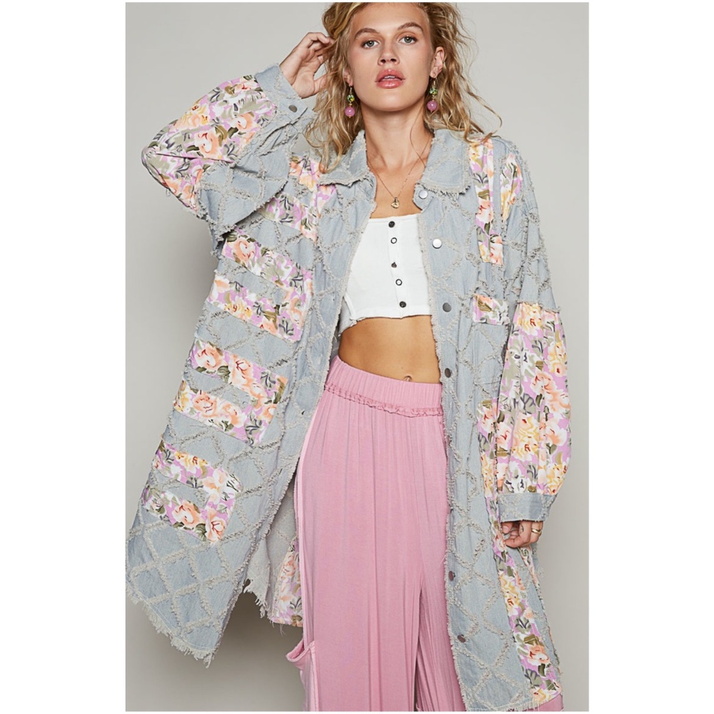 POL Floral Patchwork Light Gray Jean Jacket with Pastel Accents